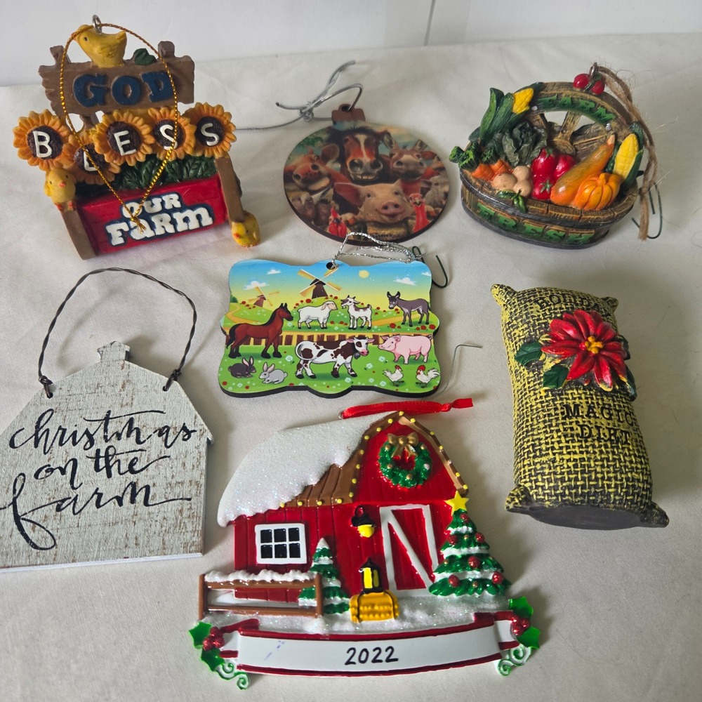 Farm Christmas Ornament Lot of 7 Red Barn 2022 God Bless Our Farm Rustic Decor